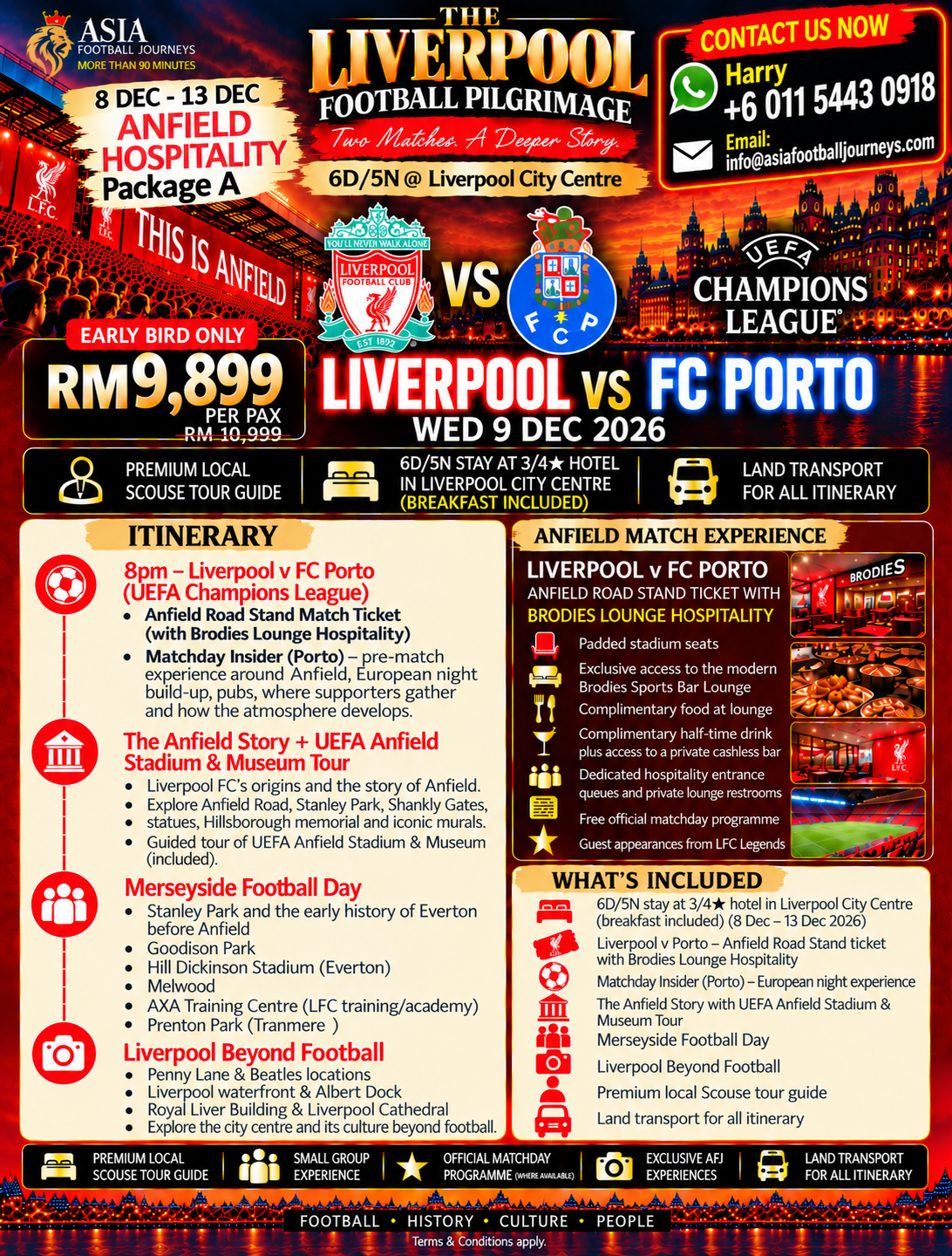 Liverpool Football Pilgrimage, Anfield Hospitality Package A: 8–13 December 2026, Liverpool versus FC Porto, six days and five nights in Liverpool with Brodies Lounge hospitality, tours and local transport.